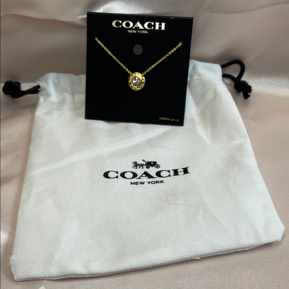 Coach Gold Pendant Necklace with Pink Crystal - Picture 3 of 8